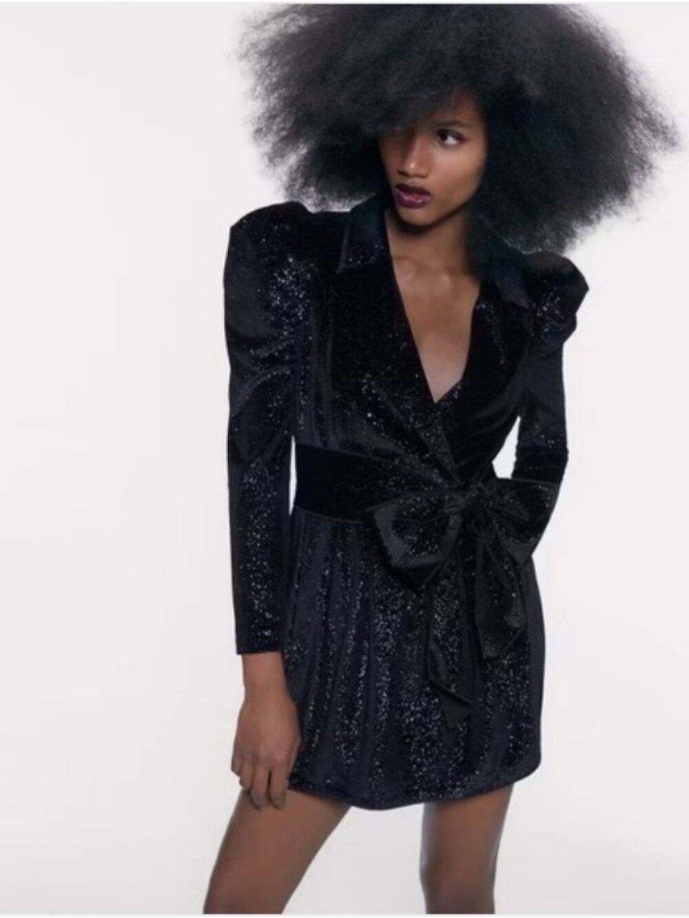Zara Black Glitter Velvet Puff Shoulder Blazer Dress